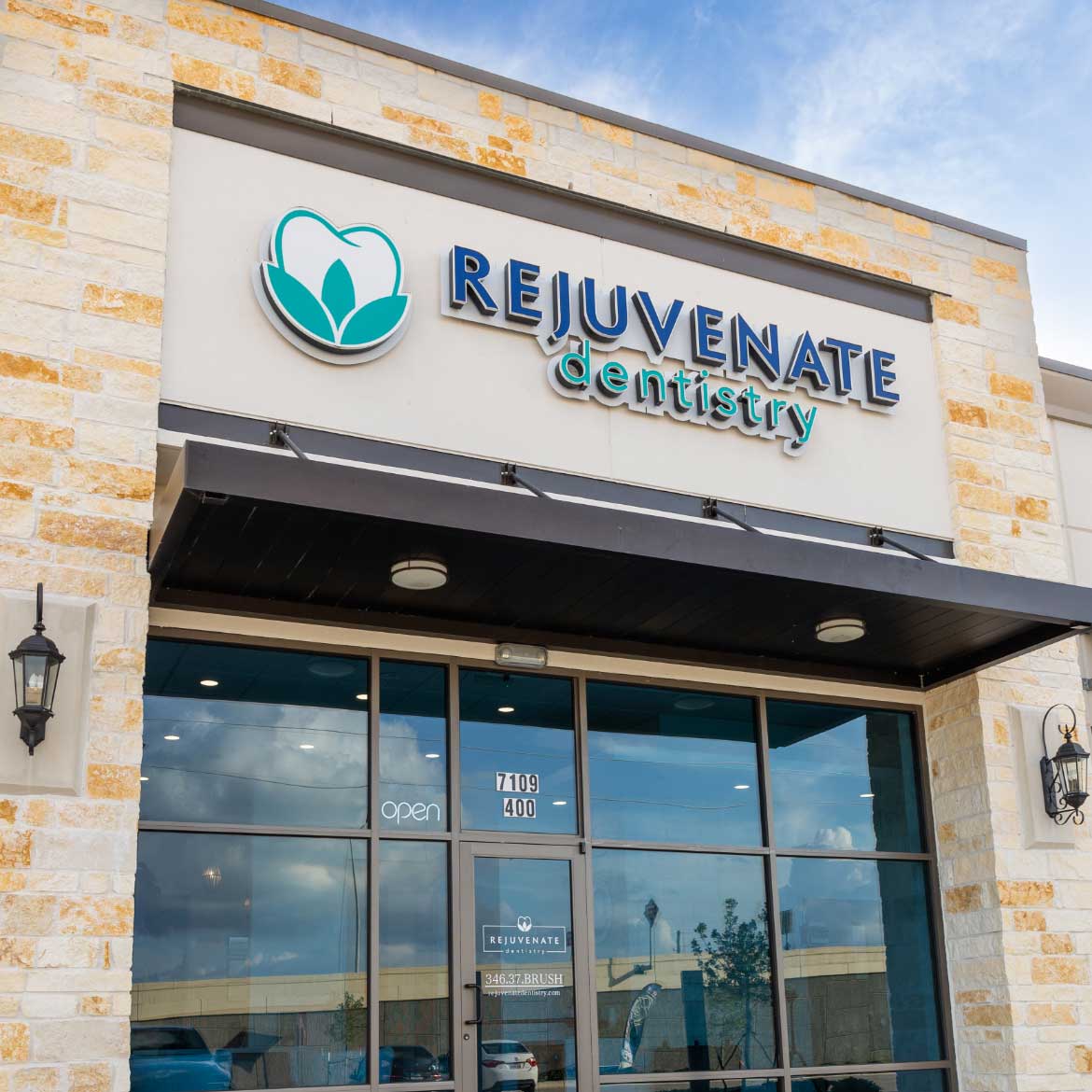 Storefront exterior and signage for Rejuvenate Dentistry in Richmond, TX