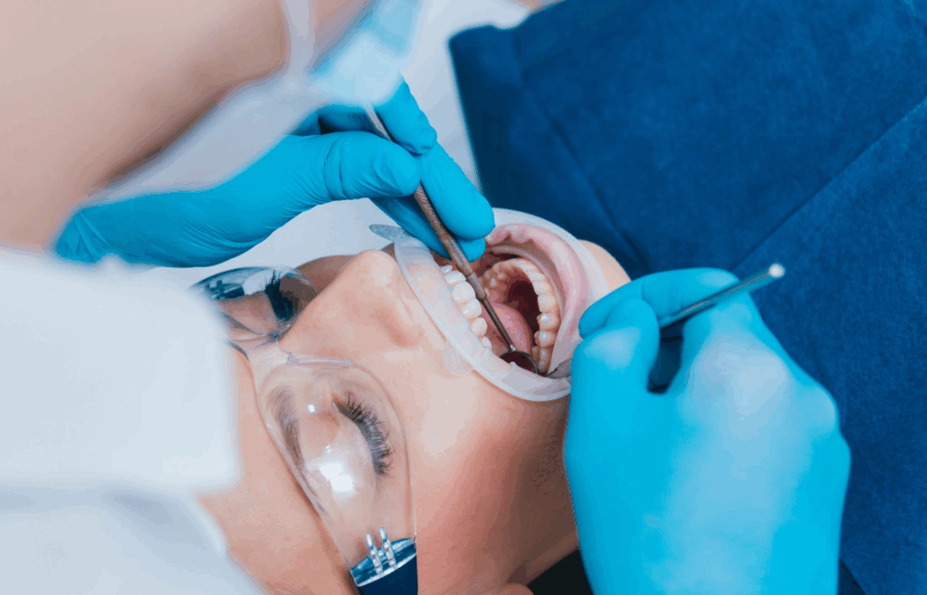 Dentist examining a patient's teeth using dental instruments