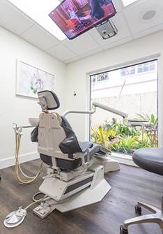 Empty dental treatment room with chair and window view of greenery at Palm Beach Dental Excellence
