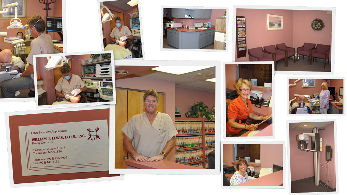 Collage of treatment rooms, reception, and staff at William J. Lewis, DDS in Chelmsford, MA