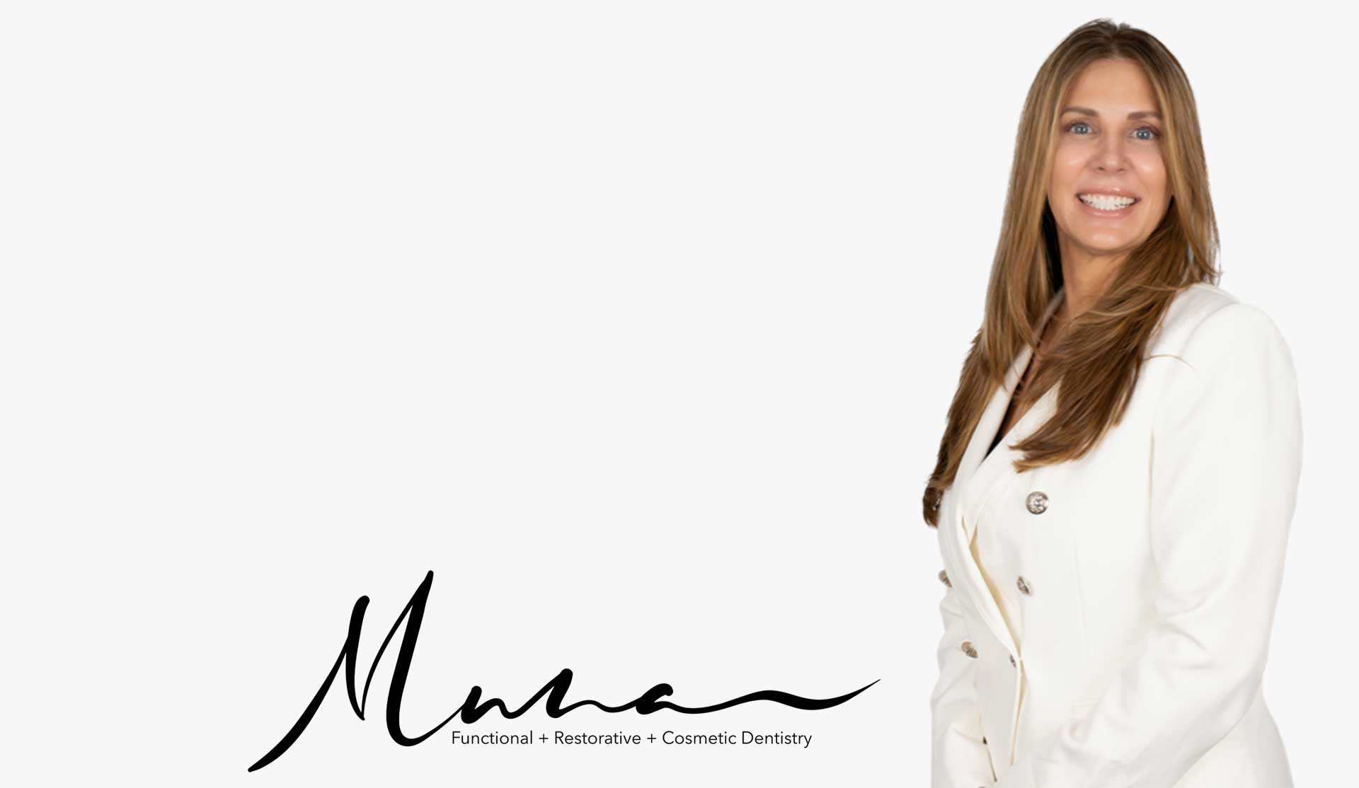 Dentist in white blazer standing beside Muna Strasser logo and tagline