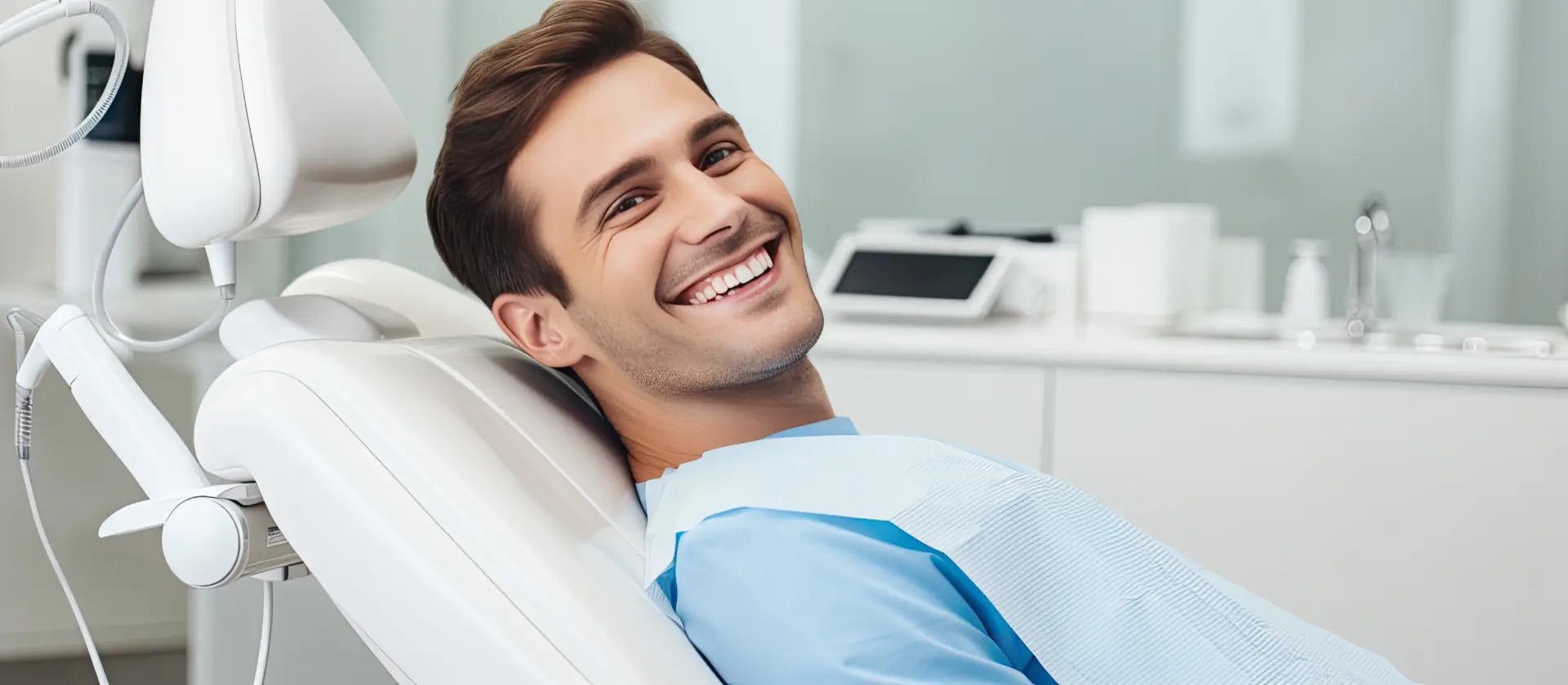 Patient smiling while reclined in dental chair at The Advanced Dental Center in Cedar Knolls